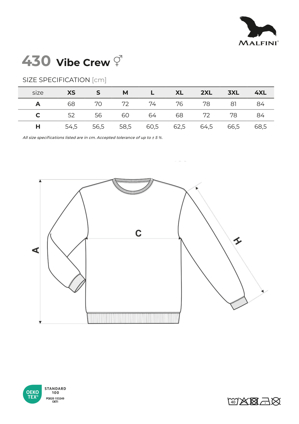 Oryginalna karta pomiarów: Malfini Vibe Crew 430 — bluza unisex bez kaptura 400 g/m²
