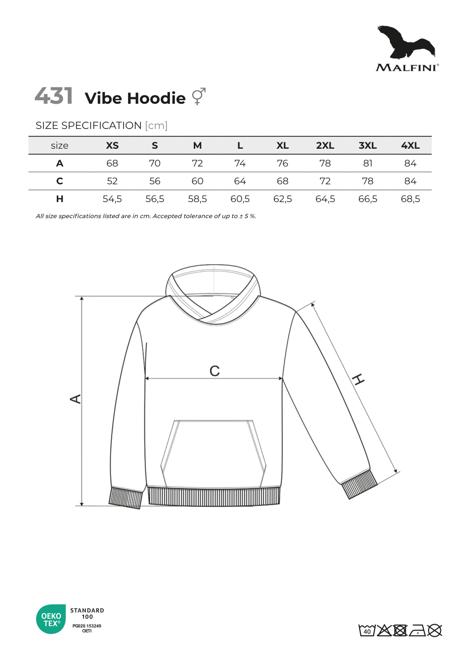 Oryginalna karta pomiarów: Malfini Vibe Hoodie 431 — bluza unisex z kapturem 400 g/m²
