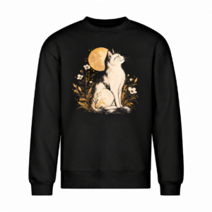 Kot w kwiatach i księżyc — Bluza Vibe Crew 430 unisex — czarna
